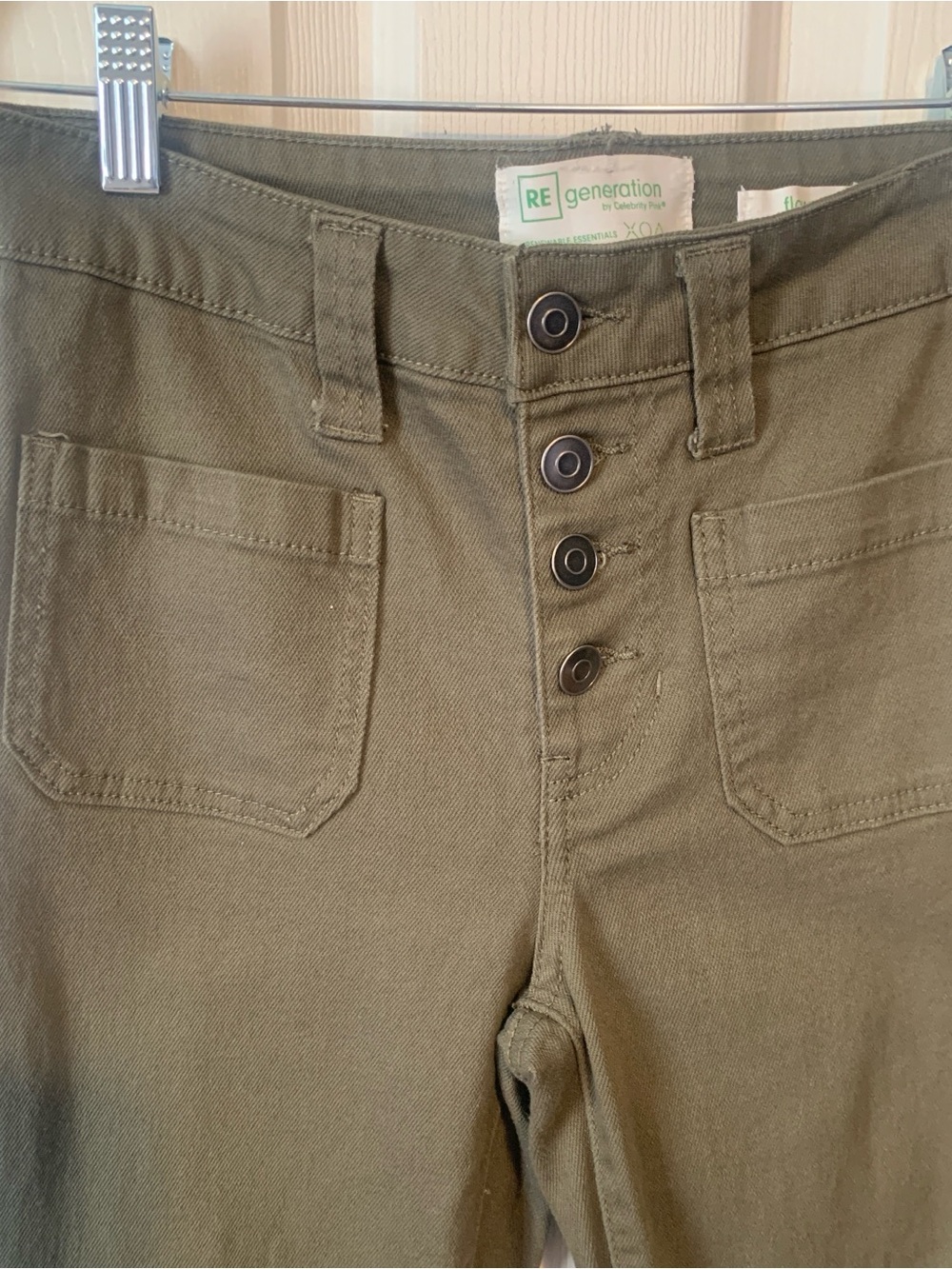 High-Rise Olive Flare Jeans with Button Front
